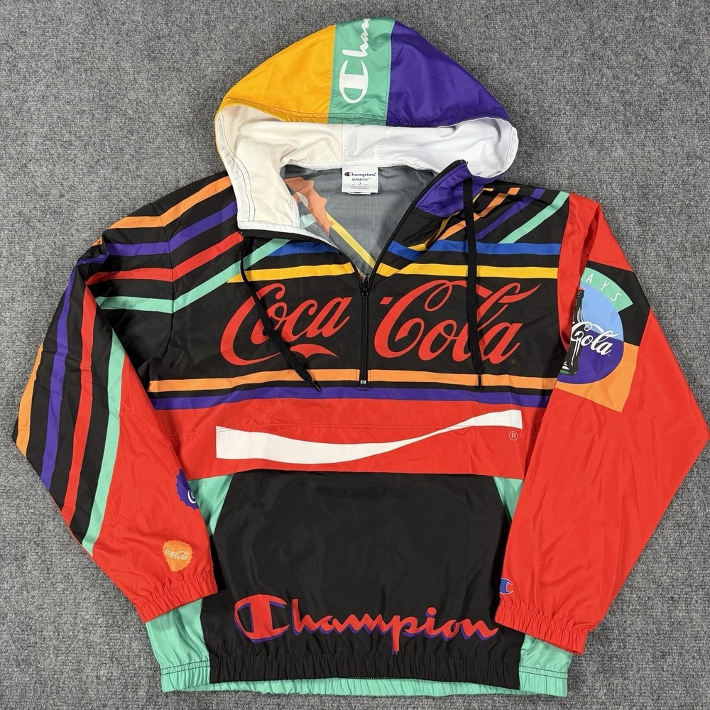 Champion Coca Cola Jacket Small Hooded Windbreaker Pullover Colorful